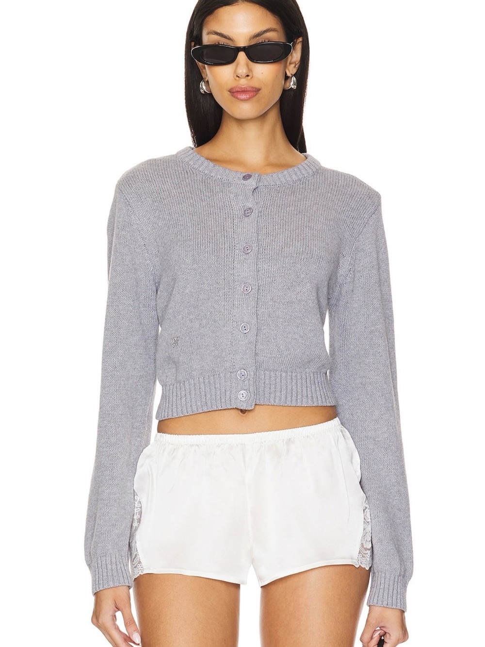 Frankie's Bikinis Cotton Rib-Knit Button Cardigan - Heather Gray - Size S